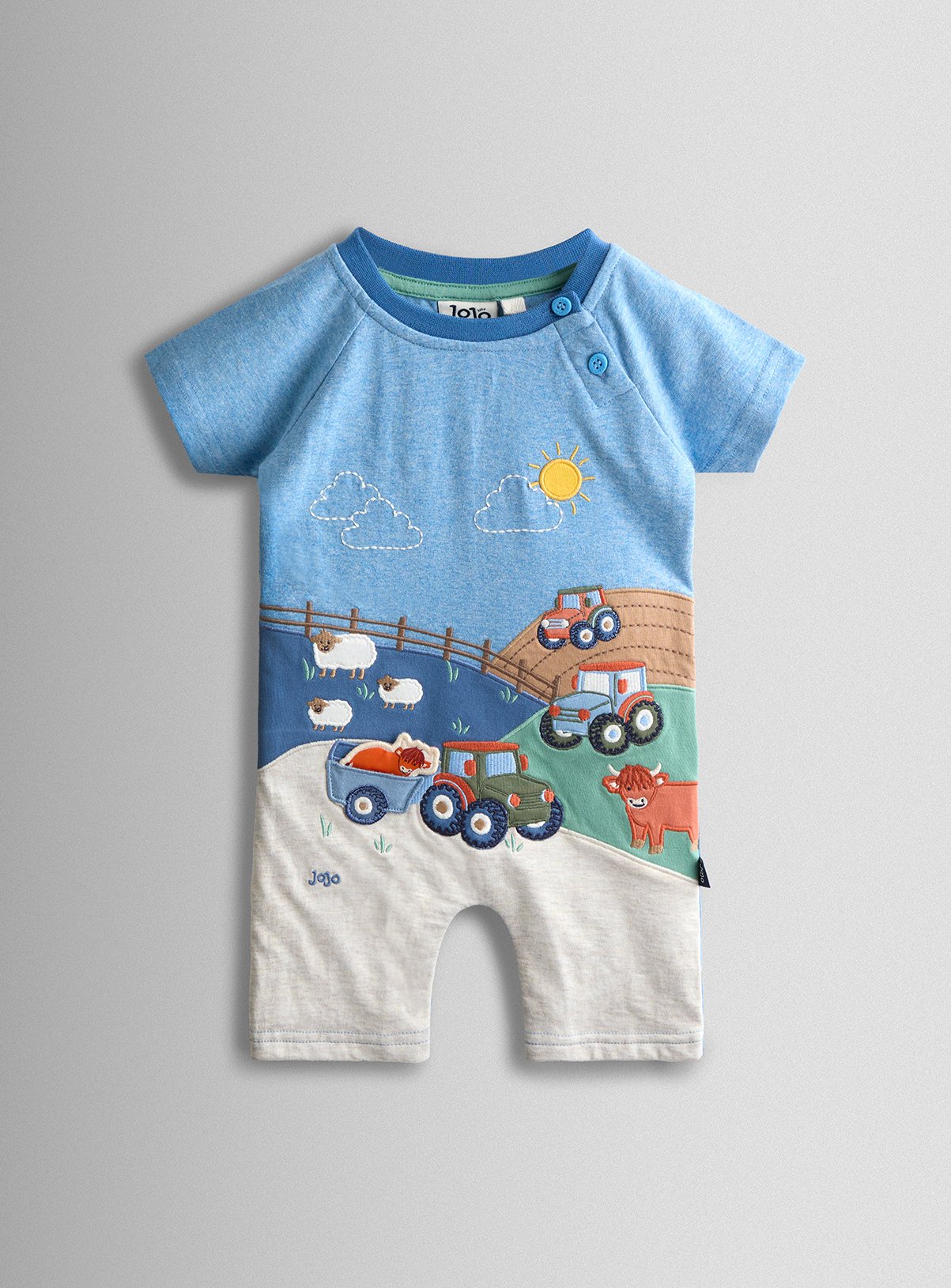 JOJO MAMAN BÉBÉ Tractor Scene Applique Romper 6-12 months - Image 1 thumbnail